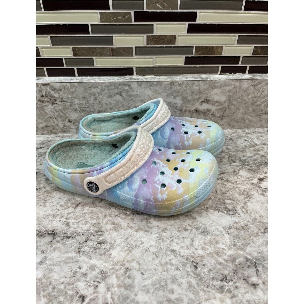 Crocs Fleece Lined Clog Slip On Shoes Size J3 Rainbow Cloud Pastel Colors Kids
